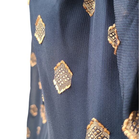 Shoshanna Dane Dress Womens Size 2 Long Puff Sleeve Semi-Sheer Black Navy Gold - Picture 13 of 15